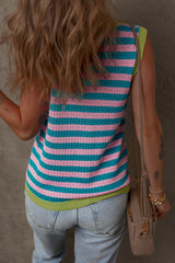 Pink Stripe Pointelle Knit Contrast Trim Sleeveless Sweater Top