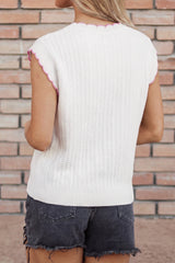 White Sleeveless Round Neck Embroidery Towel Stitch Casual Shift Sweater Vest