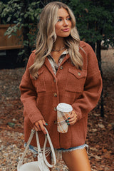 Red Sandalwood Ribbed Knit Buttons Front Flap Pocket Casual Shacket