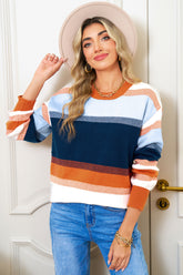 Dark Blue Color Block Round Neck Tunic Sweater