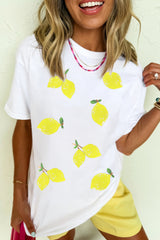 White Sequin Lemon Graphic Casual Summer Tee