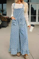 Myosotis Striped Distressed Ruffled Wide Leg Denim Overalls