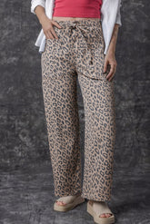 Khaki Leopard Printed Drawstring Elastic Waistband Pocketed Barrel Jeans