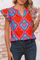 Red Random Abstract Print V Neck Ruffle Shoulder Blouse