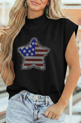 Black Patriotic Rhinestone Star High Neck Short Sleeve Top