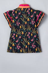 Black Floral Print Contrast Trim Tiered Ruffled Short Sleeve Blouse