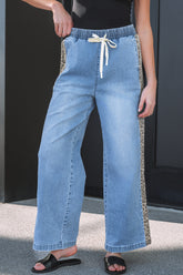 Beau Blue Drawstring Elastic Waist Leopard Striped Side Panel Wide Leg Jeans