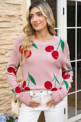 Pink Cherry Print Round Neck Knit Sweater