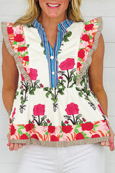 Pink Floral Print Striped Patchwork Flutter Sleeve Blouse