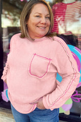 Bonbon Ribbed Exposed Seam Chest Pocket Plus Size Long Sleeve Top