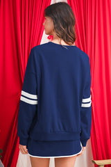 Navy Blue Varsity Stripe Detail Drop Shoulder Pullover Mini Skort Set