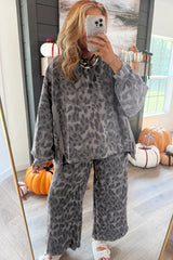 Gray Allover Leopard Print Pullover Drawstring Loose Pants Set