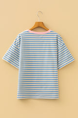 Sky Blue Stripe Contrast Crew Neck Drop Shoulder Loose Tee