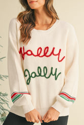 Beige Tinsel Holly Jolly Graphic Round Neck Sweater