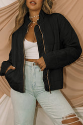 Black Zip-Up Pocket Quilted Cropped Jacket