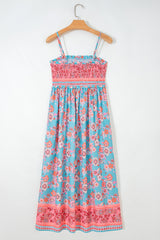 Sky Blue Bohemian Ethnic Print Spaghetti Straps Vacation Maxi Dress