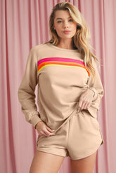 Apricot Colorful Striped Long Sleeve Pullover and Shorts Set