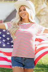 Red Stripe Contrast Trim Round Neck Short Puff Sleeve T Shirt