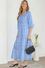 Blue Boho Printed Half Sleeve Maxi Dress