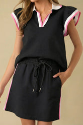 Black Preppy Striped Trim V Neck Polo Tee Drawstring Skirt Set