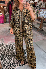 Brown Leopard Collared 3/4 Sleeve Shirt and Loose Pants Two Piece Outfit Set