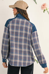 Gray Plaid Corduroy Patchwork Collared Zip Up Snap Button Jacket
