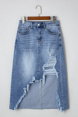 Myosotis Irregular Distressed Hem Denim Midi Skirt