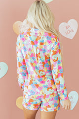 Pink Valentines Candy Heart V Neck Collared Tunic Shirt and Shorts 2pcs Pajama Set