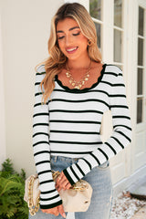 Black White Scalloped Edge Neck Striped Long Sleeve Sweater