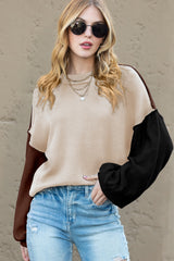 Brown Colorblock Bishop Sleeve Exposed Seam Ribbed Trim Sweater