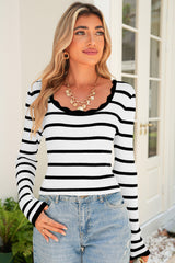 Black White Scalloped Edge Neck Striped Long Sleeve Sweater