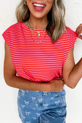 Red Stripe Ribbed Cap Sleeve Round Neck T Shirt