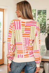 Rose Love Lines Pattern Crew Neck Puff Sleeve Sweater