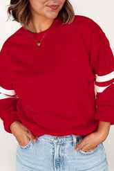 Fiery Red Varsity Striped Detail Plus Size Round Neck Sweatshirt