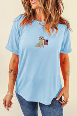 Light Blue Embroidered Dog Holding American Flag Graphic T Shirt
