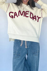 Beige Game Day Letter Print Round Neck Long Sleeve Casual Pullover Sweater
