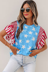 Sky Blue Vintage Star Print Striped Ruffle Sleeve Independence Day Top
