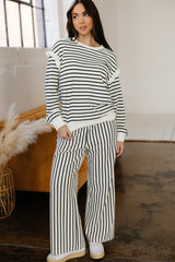 White Stripe Ruffle Trim Drop Shoulder Top Drawstring Loose Pant Set