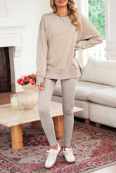 Jet Stream Solid Color Oversize Slit Sweatshirt Ribbed Leggings Set