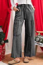 Black Mineral Wash Tiered Wide Leg Patchwork Drawstring Pants