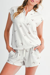 Beige Bow Print Half Zip Tank Top and Shorts Set