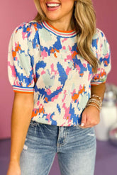 Apricot Abstract Pattern Contrast Striped Trim Short Sleeve Sweater