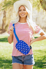 Red Stripe Contrast Trim Round Neck Short Puff Sleeve T Shirt