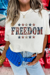 White FREEDOM Patriotic Letter Print Crew Neck T Shirt