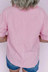 Pink Striped Print Collared Split Neck Half Sleeve Blouse