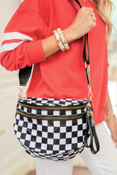 Black Checkered Print Wide Strap Large Crossbody Bag