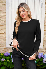 Black Leopard Bow Decor Split Cuffs Contrast Trim Sweater