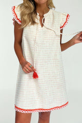 White Jacquard Textured Contrast Trim Short Sleeve Tassel Tie Shift Dress