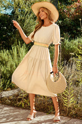 Apricot Contrast Shirred Elastic Waist Short Sleeve Midi Dress