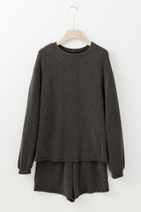 Carbon Grey Corded Long Sleeve Top and High Waist Shorts Set